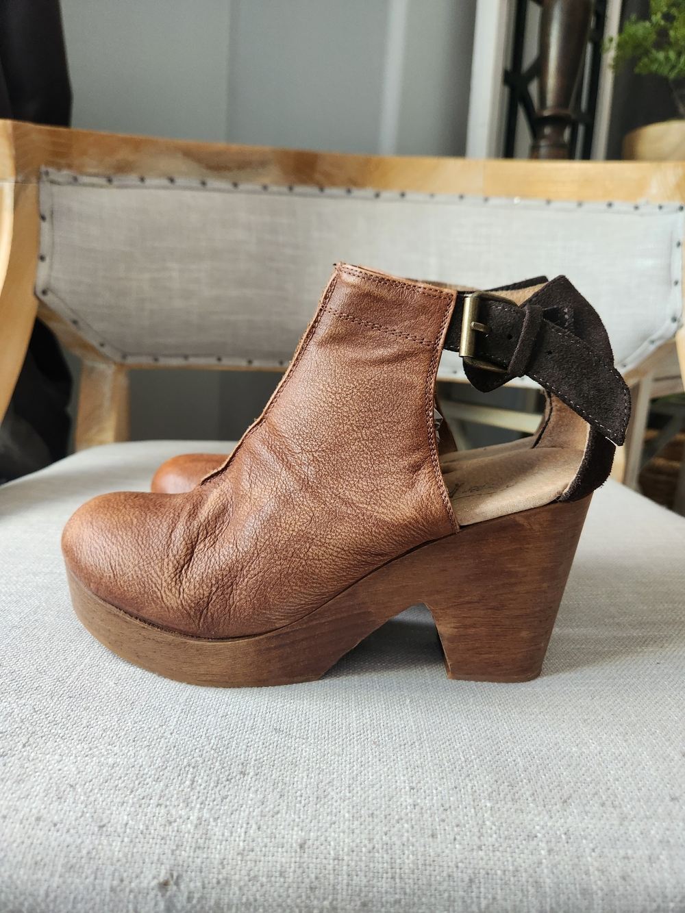 Free People Brown Leather Clogs Chunky Heel Suede Ankle Bootie 7.5 Amber Orchard - Picture 3 of 11